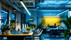 A photograph of capture a photograph of a well-lit workspace featuring led tube fixtures installed in a modern setting