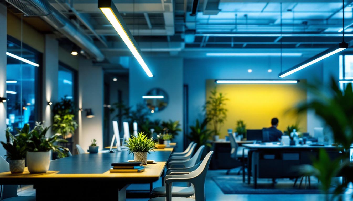 A photograph of capture a photograph of a well-lit workspace featuring led tube fixtures installed in a modern setting