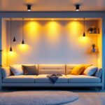 A photograph of a beautifully lit mobile home interior showcasing a variety of stylish lighting fixtures