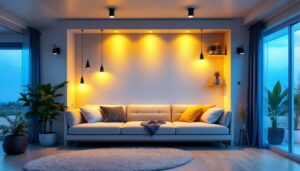 A photograph of a beautifully lit mobile home interior showcasing a variety of stylish lighting fixtures