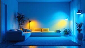 A photograph of a well-lit room showcasing various energy-efficient light sources