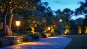 A photograph of a beautifully illuminated outdoor space featuring various styles of outdoor lighting fixtures