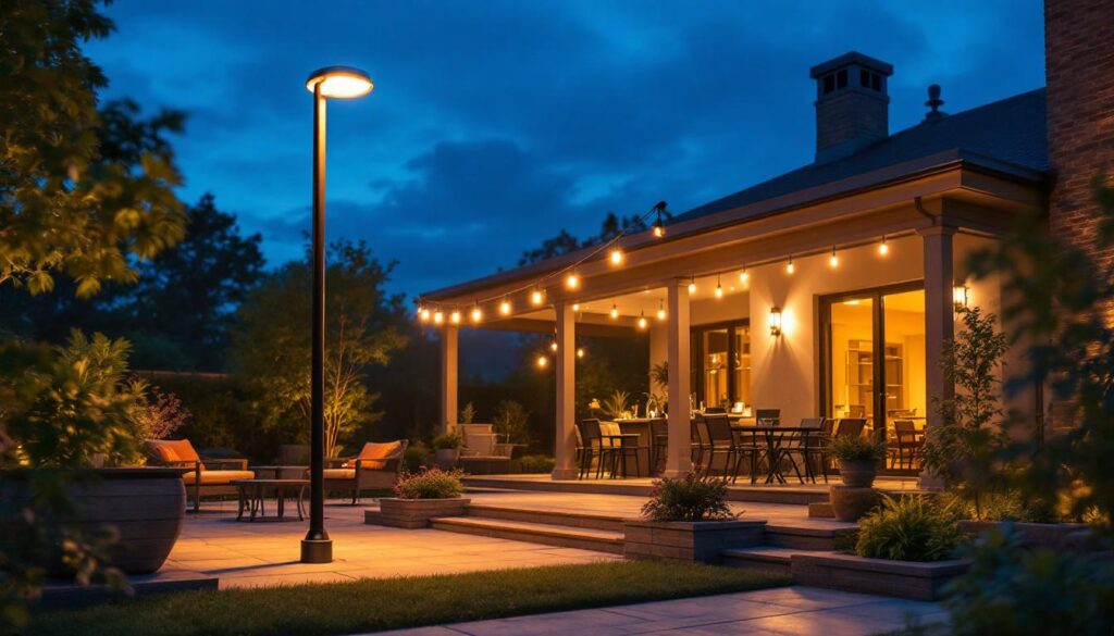 A photograph of a beautifully illuminated outdoor patio featuring stylish pole lights