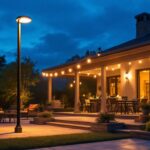 A photograph of a beautifully illuminated outdoor patio featuring stylish pole lights