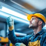 A photograph of a lighting contractor installing led bulbs in a fluorescent fixture