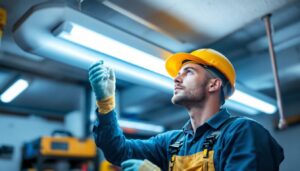 A photograph of a lighting contractor installing led bulbs in a fluorescent fixture