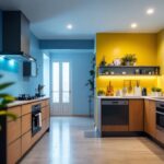 A photograph of a modern kitchen featuring stylish flush ceiling lights that illuminate the space