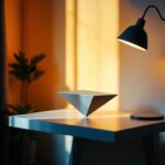 A photograph of a stylish trapezoid end table in a well-lit room