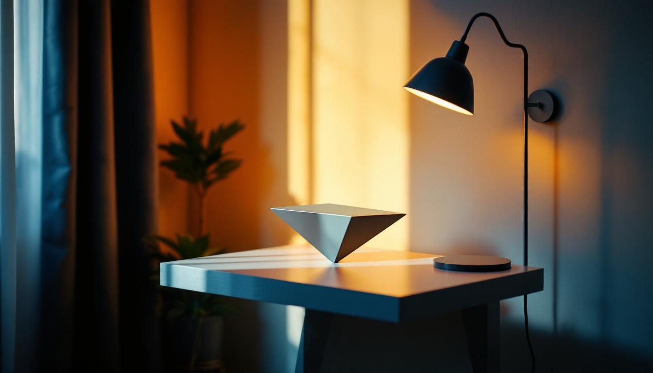 A photograph of a stylish trapezoid end table in a well-lit room