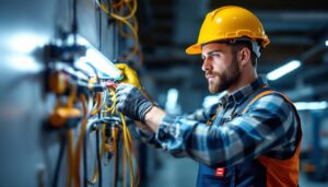A photograph of a skilled lighting contractor expertly wiring an emergency light in a commercial setting