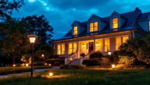A photograph of a lighting contractor installing ocean state job lot solar lights in a residential or commercial outdoor setting