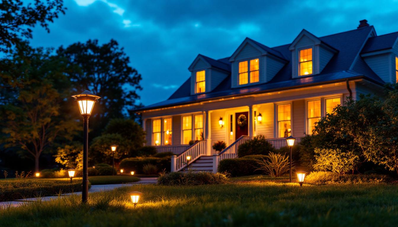 A photograph of a lighting contractor installing ocean state job lot solar lights in a residential or commercial outdoor setting
