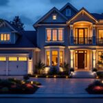 A photograph of a beautifully illuminated residential exterior at dusk