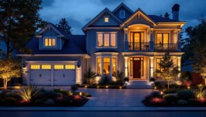 A photograph of a beautifully illuminated residential exterior at dusk