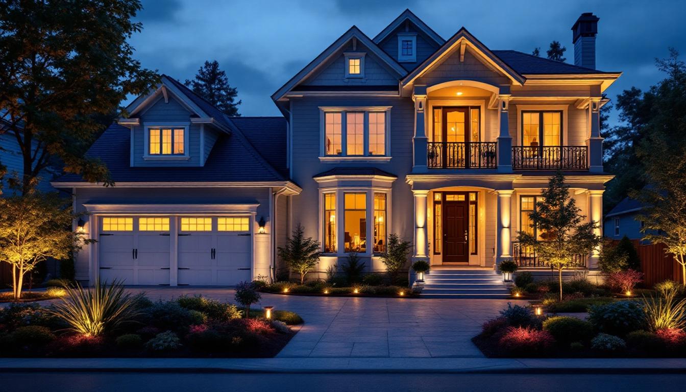 A photograph of a beautifully illuminated residential exterior at dusk