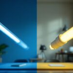 A photograph of a side-by-side comparison of t8 and t12 fluorescent tubes in a well-lit workspace