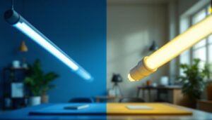 A photograph of a side-by-side comparison of t8 and t12 fluorescent tubes in a well-lit workspace