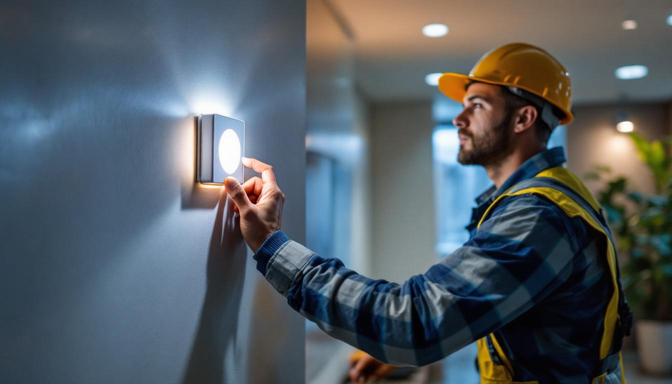 A photograph of a lighting contractor installing a room occupancy sensor in a modern space