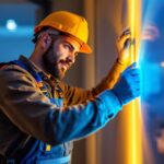 A photograph of a skilled lighting contractor installing a vibrant led lighting strip in a modern interior space