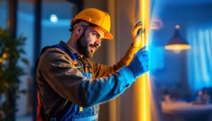A photograph of a skilled lighting contractor installing a vibrant led lighting strip in a modern interior space