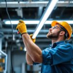 A photograph of a lighting contractor in action
