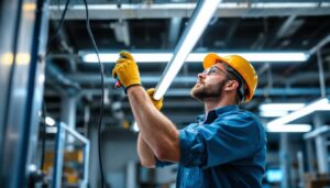 A photograph of a lighting contractor in action