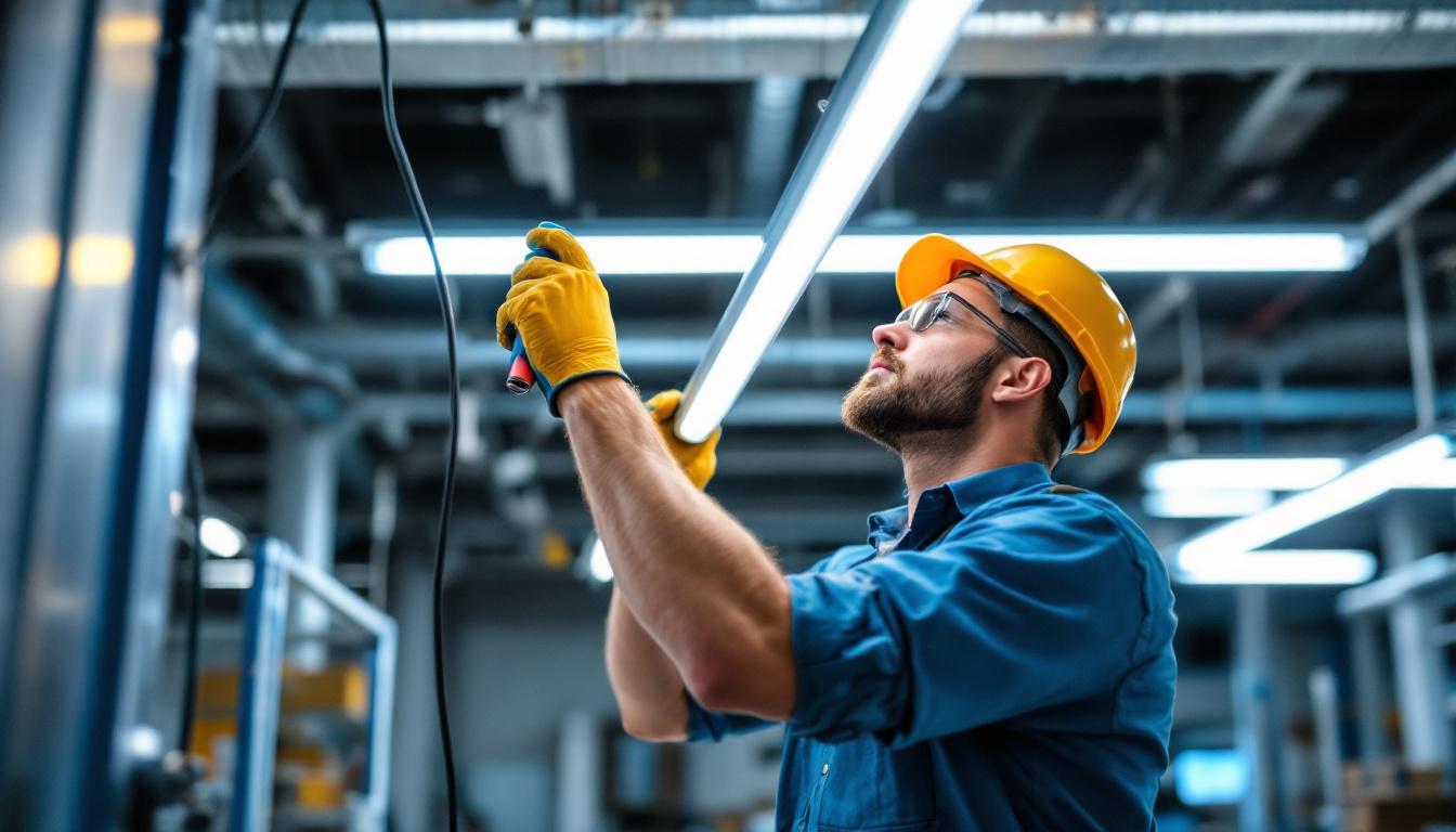 A photograph of a lighting contractor in action