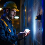 A photograph of a lighting contractor working in a dimly lit space