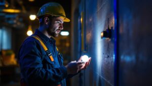 A photograph of a lighting contractor working in a dimly lit space