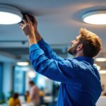 A photograph of a skilled lighting contractor installing commercial downlights in a modern office space