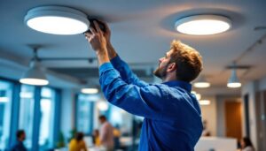 A photograph of a skilled lighting contractor installing commercial downlights in a modern office space