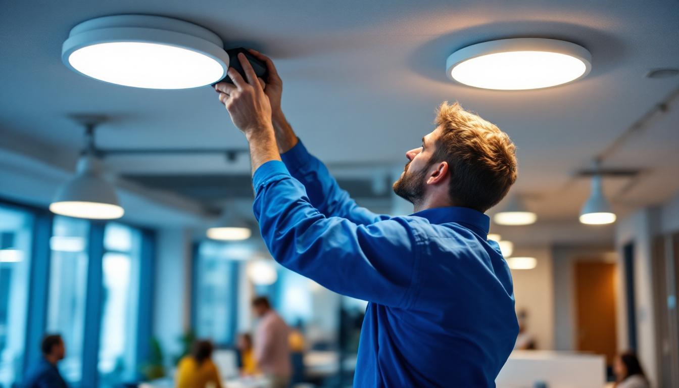 A photograph of a skilled lighting contractor installing commercial downlights in a modern office space