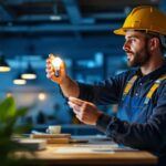 A photograph of a lighting contractor installing or examining the philips pl c 26w 827 4p bulb in a modern commercial setting