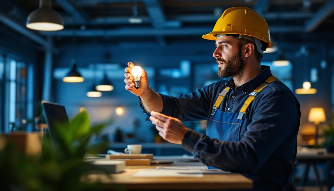 A photograph of a lighting contractor installing or examining the philips pl c 26w 827 4p bulb in a modern commercial setting