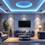A photograph of a stylish living room featuring decorative ceiling spotlights