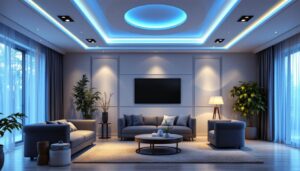 A photograph of a stylish living room featuring decorative ceiling spotlights
