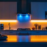 A photograph of a beautifully illuminated kitchen showcasing led light strips installed under the cabinets