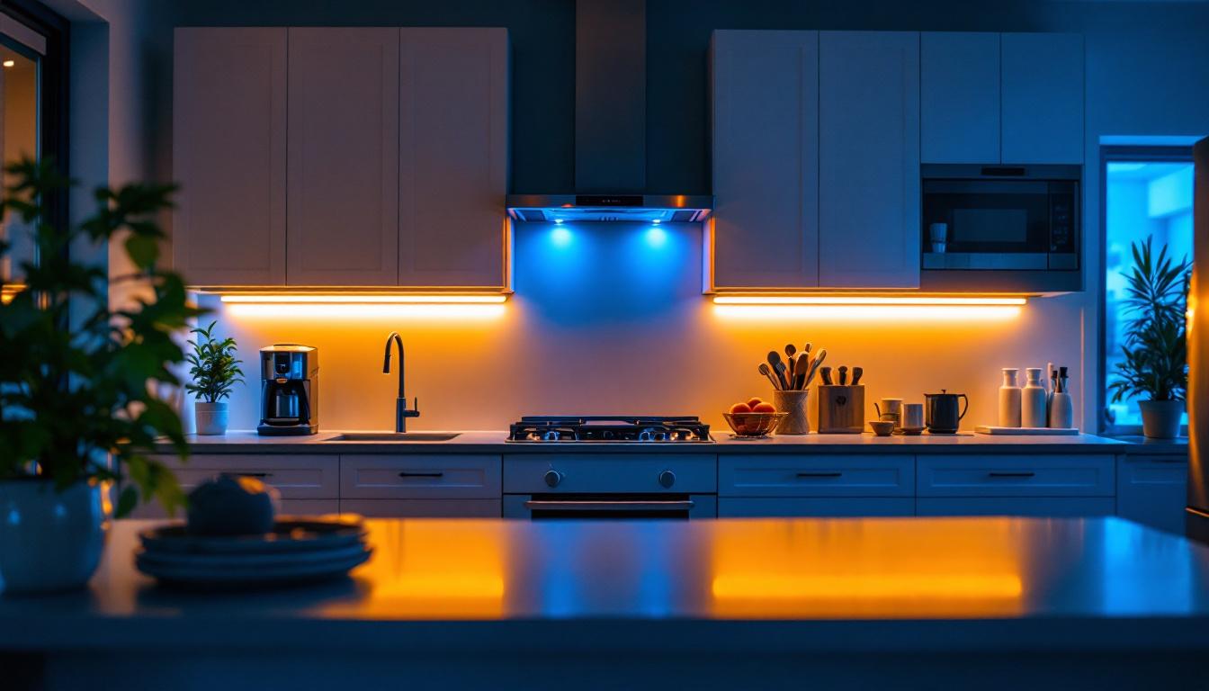 A photograph of a beautifully illuminated kitchen showcasing led light strips installed under the cabinets
