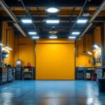 A photograph of a well-lit garage space featuring a variety of led shop lights in use