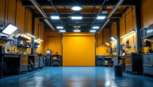 A photograph of a well-lit garage space featuring a variety of led shop lights in use
