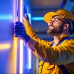 A photograph of a skilled lighting contractor expertly installing led vertical lights in a modern interior space