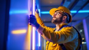 A photograph of a skilled lighting contractor expertly installing led vertical lights in a modern interior space