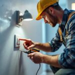 A photograph of a lighting contractor expertly installing a three-way switch in a residential setting