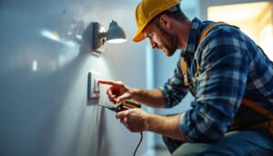 A photograph of a lighting contractor expertly installing a three-way switch in a residential setting