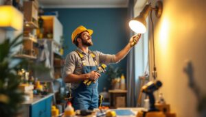 A photograph of a lighting contractor efficiently installing modern