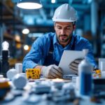 A photograph of a lighting contractor examining a variety of led-compatible dimmers in a well-lit workspace