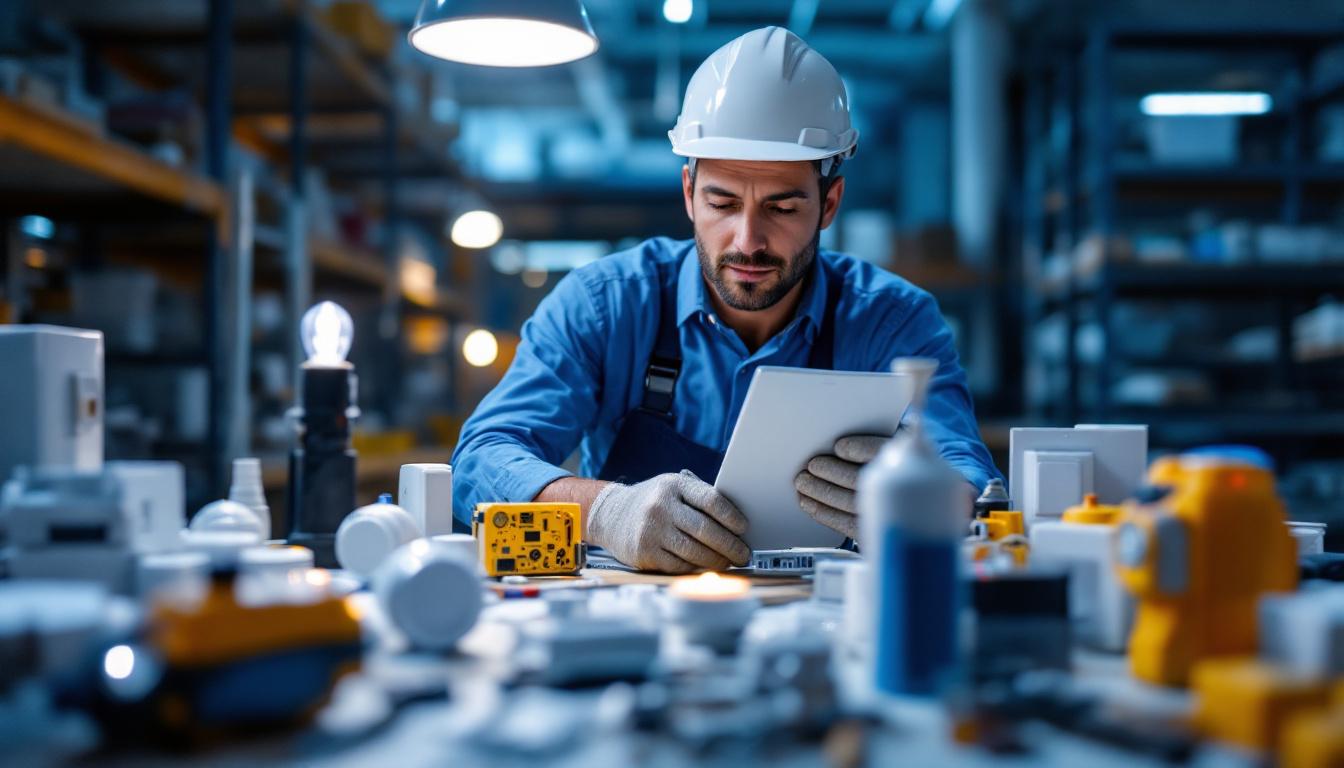A photograph of a lighting contractor examining a variety of led-compatible dimmers in a well-lit workspace