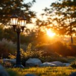 A photograph of a beautifully designed outdoor lamp post base in a landscaped setting