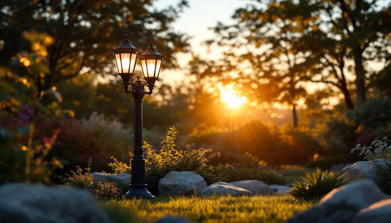 A photograph of a beautifully designed outdoor lamp post base in a landscaped setting