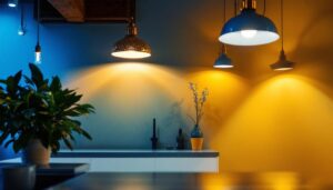 A photograph of a well-lit basement showcasing various stylish light covers in use